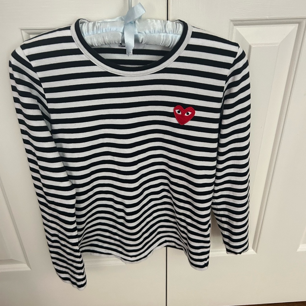 Comme des Garcons Black and White Striped Tee with Red Heart